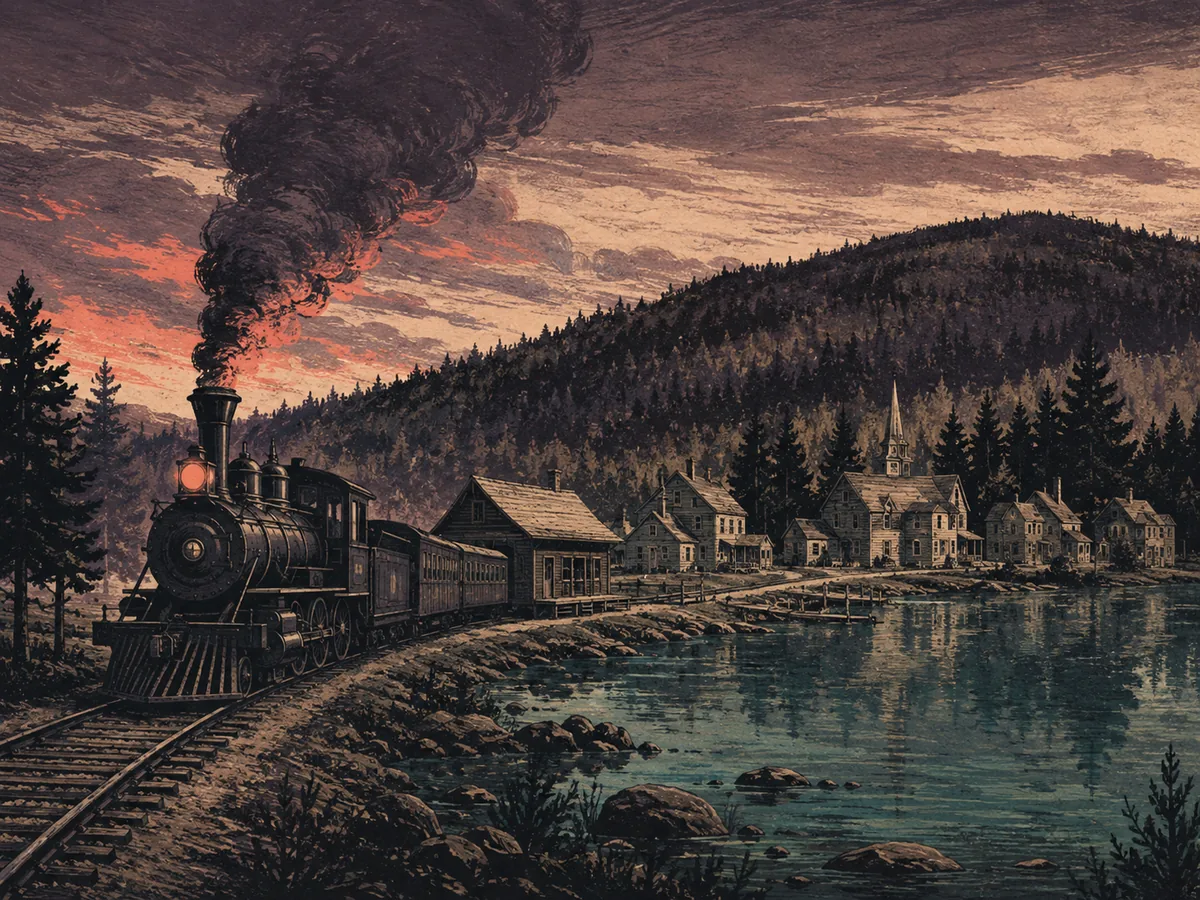 Interpretive illustration of a steam train arriving beside Bryant Pond